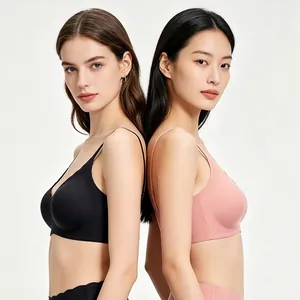 Detailed view of seamless V-neck bras in black and nude colors with smooth wave edges