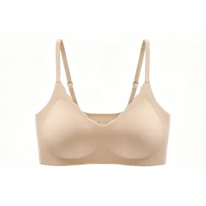 Detail view of seamless v-neck bra with scalloped edges and adjustable thin straps