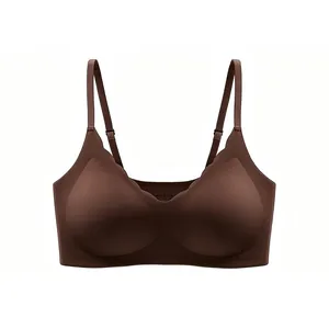 Seamless V-neck wireless bra in dark brown featuring wavy edges and adjustable straps