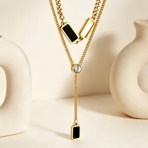 Layered Pendant Necklace 18K Gold Plated Stainless Steel Geometric Black Enamel Zircon For Women