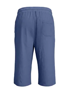 Close-up of blue linen casual shorts featuring elastic drawstring waist and back pocket