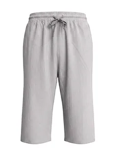 Detail of light gray linen shorts featuring elastic drawstring waistband and fabric texture