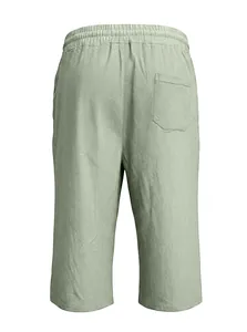 Rear view of men's linen shorts showing elastic waistband and a single back pocket in sage green