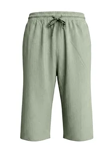 Detail view of men's linen shorts showing elastic drawstring waist and fabric texture