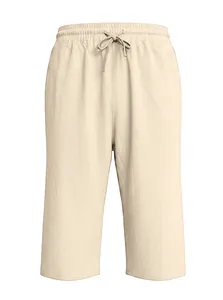 Detailed texture of beige linen blend fabric with elastic drawstring waist on casual shorts