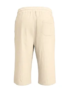 Detail view of linen blend casual shorts showing elastic waistband and back pocket texture