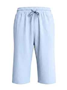 Close-up of the elastic waistband and drawstring on light blue linen casual shorts