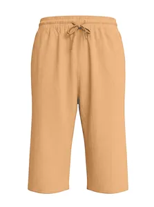 Detail view of khaki linen shorts featuring elastic drawstring waist and breathable fabric