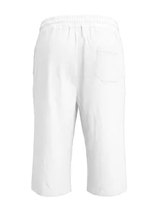 Detail view of white linen casual shorts showing elastic waistband and back square pocket