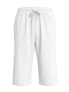 Close-up of the elastic waistband and adjustable drawstring on white linen shorts