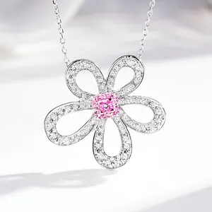 Collier en argent sterling S925 avec pendentif fleur de soleil rose de forme carrée et diamants