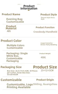 Detailed specifications list for acrylic evening clutch with ABS material and usage scenes