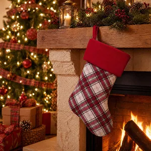 Classic red plaid Christmas stocking hanging on a warm fireplace mantel for holiday decor
