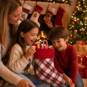 Classic red plaid Christmas stockings filled with candy canes and gifts by a fireplace