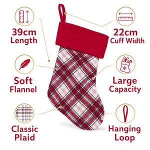 Close-up of classic red plaid Christmas stocking with soft flannel and hanging loop
