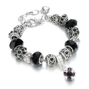 Retro DIY alloy charm bracelet with black beads and purple gemstone pendant on silver snake chain