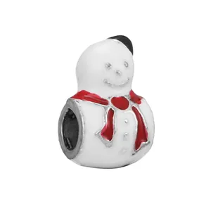 Christmas snowman charm bead in 925 sterling silver with white enamel and red scarf detailing