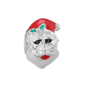Silver Santa Claus charm with red enamel hat and green holly leaf for bracelets