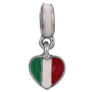 Italian flag heart charm pendant in silver alloy with green white red enamel stripes