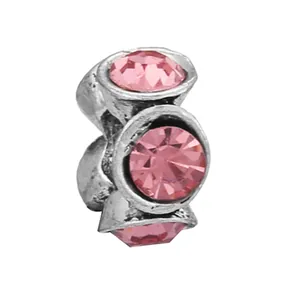 Silver cylinder charm bead with three pink crystal stones for DIY bracelet jewelry