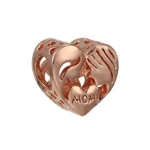 Charm a cuore in oro rosa con traforo e incisione MOM per bracciali e gioielli fai da te
