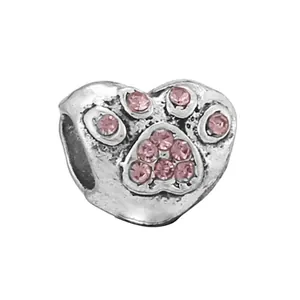 Silver heart charm with pink rhinestone pet paw print for DIY jewelry bracelets