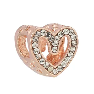 Rose gold heart charm with sparkling white zircons and hollow side patterns for DIY bracelets