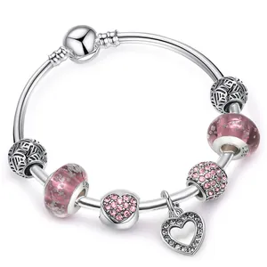 Braccialetto con Perline Fai da Te per Donna Lega Placcata Argento Ciondolo a Cuore Perle di Vetro Catena a Serpente Gioielli Regalo