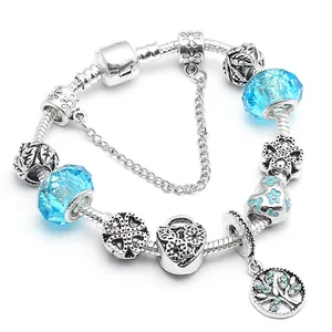 Bracelet Charm Arbre de Vie en Cristal pour Femmes Chaîne Serpent Argent DIY Trèfle Cœur Perles en Émail Bracelet Bijoux Cadeau