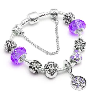 Bracelet chaîne serpent en argent avec pendentif Arbre de Vie violet et perles trèfle