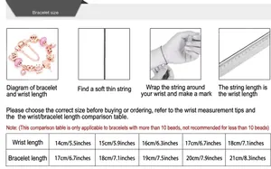 Size guide for beaded bracelet showing measurement steps and wrist-to-length chart