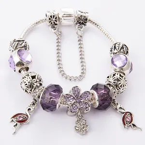 Purple Crystal Bead Charm Bracelet With Flamingo Pendant Alloy Snake Chain Safety Chain Fashion Jewelry For Women Gift