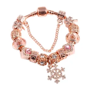 Rose Gold Plated Alloy Snowflake Charm Bracelet With Pink Crystal Beads Heart Clover Pendant For Women Fashion Jewelry