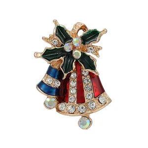 Fashion Christmas Bell Brooch Enamel Holly Leaf Bowknot Rhinestone Breastpin Women Festive Party Jewelry Gift