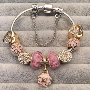 Luxus Legierung Rosa Lampwork Glas Herz Blume Anhänger Charm Armband Mit Sicherheitskette Für Damen Romantische Mode Perlen Schmuck Geschenk