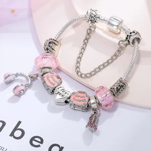 Silbernes Charm-Armband mit rosa Reise-Anhängern, Herz-Anhänger und Sicherheitskette