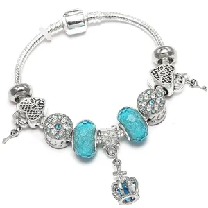 Versilbertes Legierung Charm-Armband Für Damen Mit Blauen Perlen Herz Schlüssel Krone Anhänger Schlangenkette Modeschmuck Geschenk