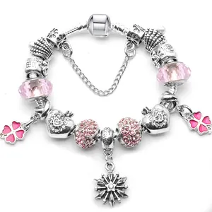 DIY Charm Bracelet For Women Silver Plated Alloy Snake Chain With Heart Clover Snowflake Star Charms Romantic Jewelry Gift