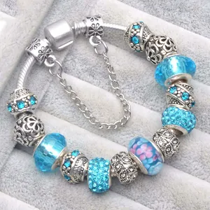 Bracciale a Perline Fashion Charm da Donna con Cuore Floreale in Vetro Lega Catena a Serpente Gioielli Regalo di Anniversario