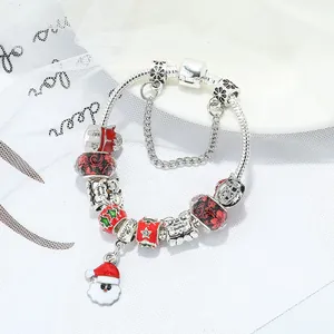 Christmas Santa Claus themed silver snake chain bracelet with red and green enamel charms