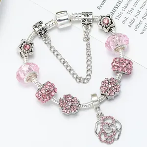 European style silver snake chain bracelet with pink crystal beads and rose pendant