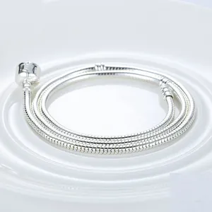 Détail d'un collier chaîne serpent en argent avec fermoir cylindre sur fond blanc