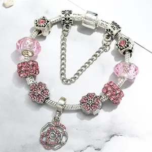 Charming European DIY charm bracelet with pink faceted glass beads and rose flower pendant