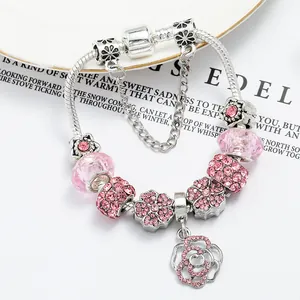 European pink rose charm bracelet with sparkling crystals and silver snake chain