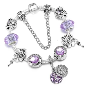 Damen Lila Glasperlen Charm Armband Legierung Schlangenkette Herz Schlüssel Anhänger Love Is Forever Schmuck Geschenk Valentinstag