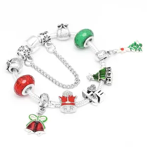 Kerst DIY Bedelarmband Voor Vrouwen Legering Kerstman Boom Bel Hart Emaille Verzilverd Slangenketting Sieraden Cadeau