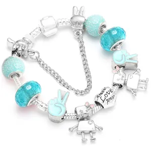 Silver snake chain bracelet featuring blue crystal beads and heart-shaped love pendants