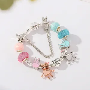 DIY charm bracelet with silver metal chain, colorful beads and cute robot pendants
