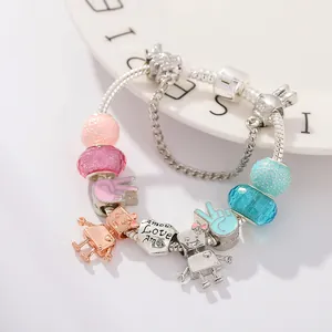 Pandora-style beaded bracelet with robot pendant and heart charm on silver snake chain