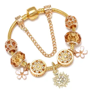 Women Gold DIY Charm Bracelet With Sun Daisy Pendants Amber Glass Beads Hollow Heart Mesh Charms Fashion Snake Chain Jewelry